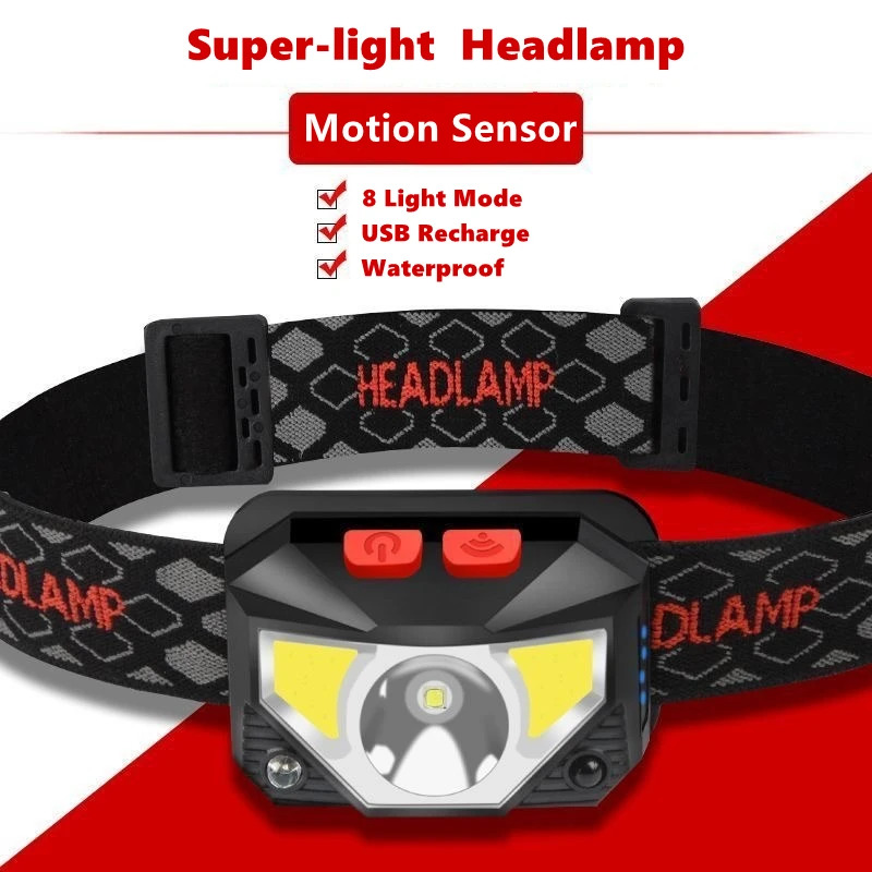 

New LED Sensing Red Light Fishing Headlamp Mini USB Internal Battery Multifunctional Lightweight COB Strong Light Headlamp