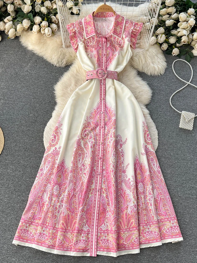 

Женское винтажное однобортное платье, элегантное облегающее ТРАПЕЦИЕВИДНОЕ ПЛАТЬЕ для отпуска с высокой талией и принтом, летнее Модное Длинное Платье