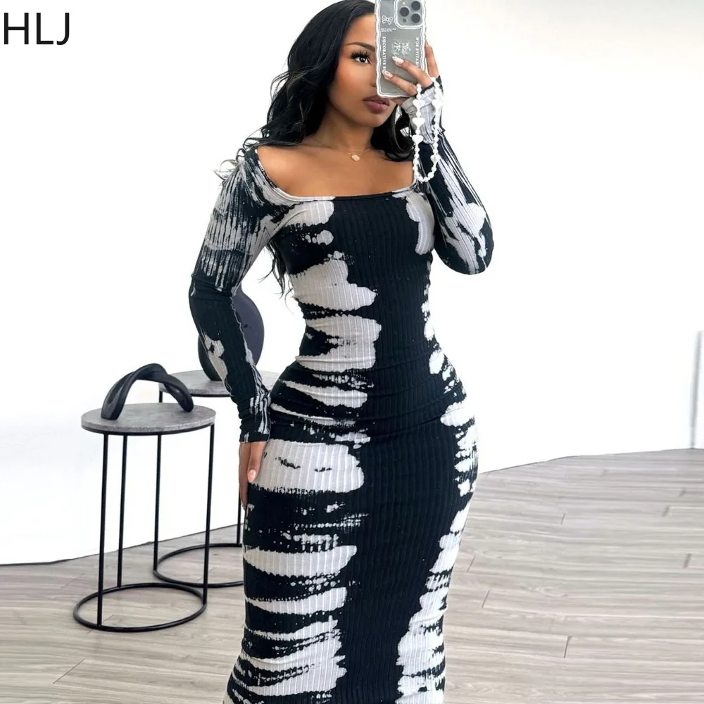 

HLJ Fashion Print Bodycon Slit Mid Dresses Women Round Neck Long Sleeve Slim Vestidos Spring Female Elasticity Streetwear 2024