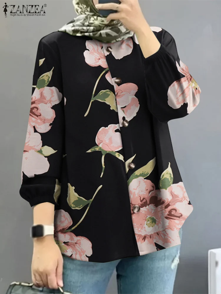 

ZANZEA Elegant Floral Printed Muslim Bouse Woman Puff Sleeve O-Neck Tops Fashion Islamic Clothing Casual Party Chemise Oversize