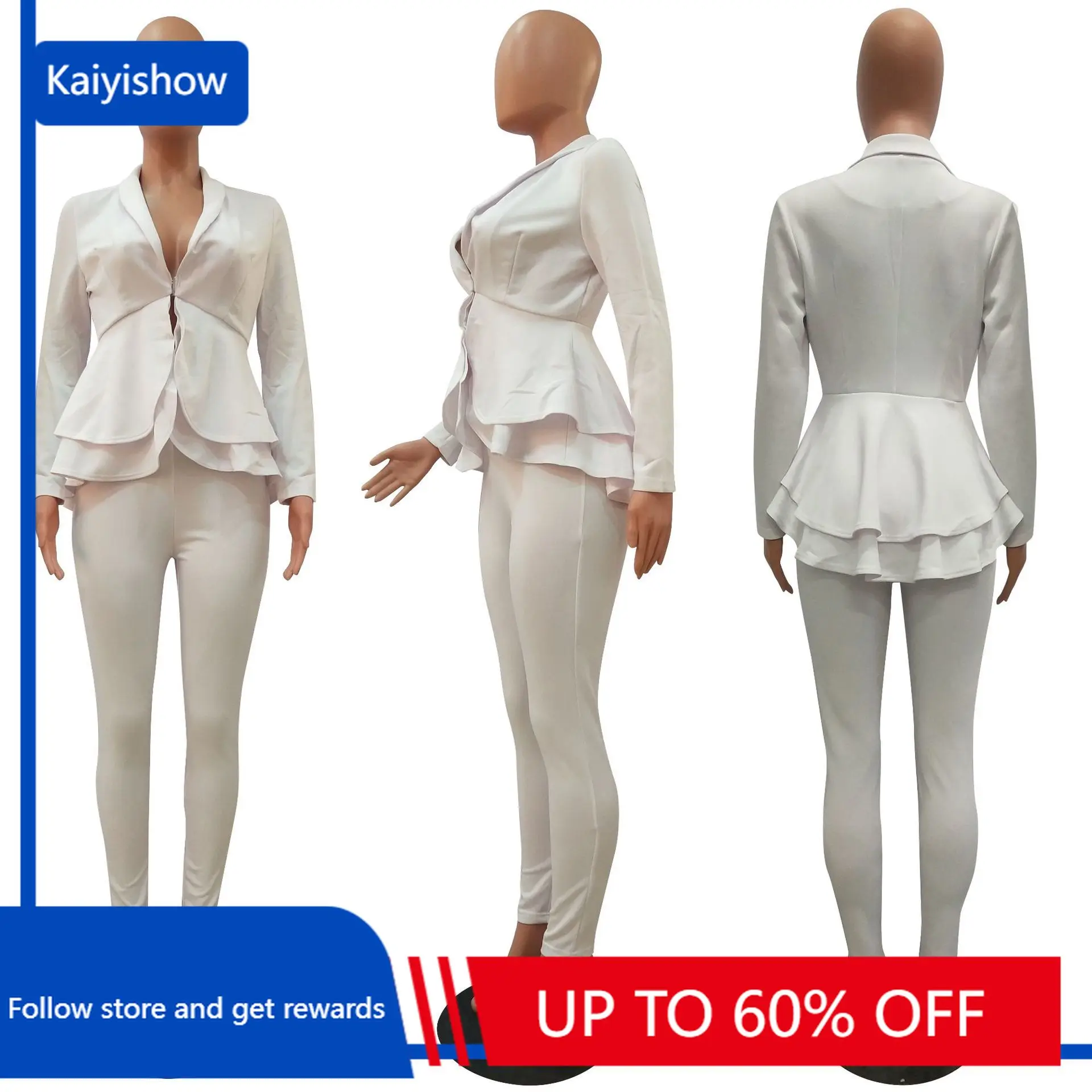 

Белый блейзер, зимняя рабочая одежда, блейзер с длинными рукавами и оборками, брюки-карандаш, комплект из двух предметов, женская одежда для офиса