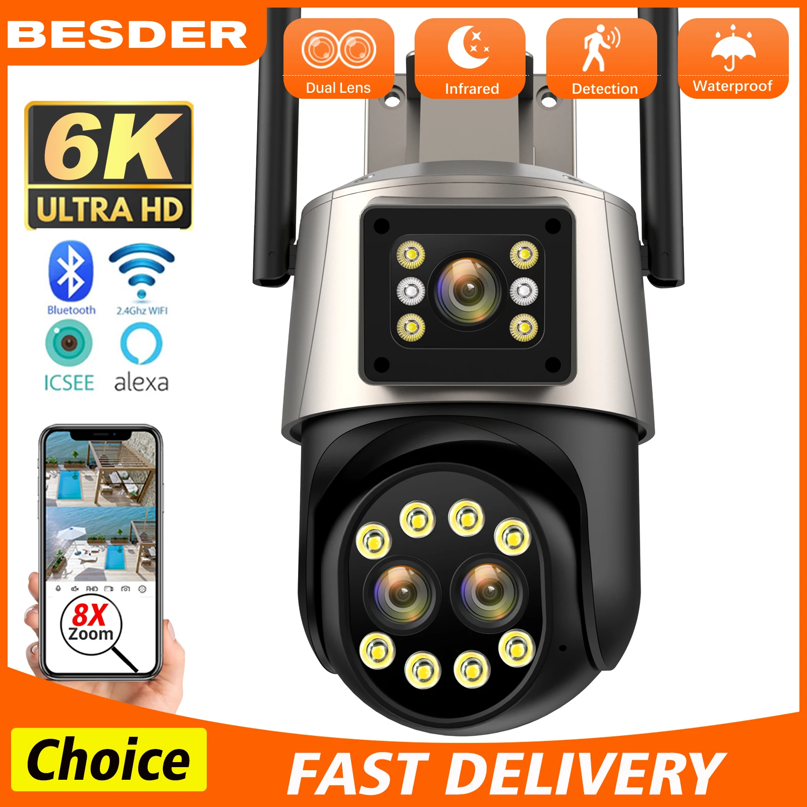 IP Camera 6K 12MP HD WiFi Outdoor Camera 8x Zoom Three Lens Dual Screen Smart Home Security PTZ Camera Video Surveillance iCSee 1