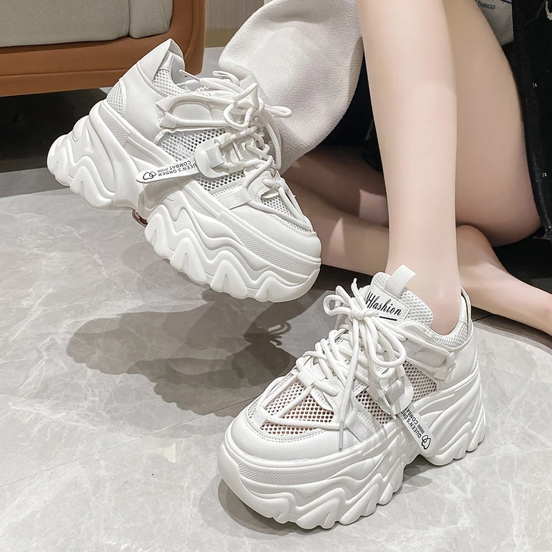 

Rimocy Breathable Mesh Platform Sneakers Women Lace-Up Chunky Casual Shoes Woman White Thick Bottom Sports Shoes Zapato Mujer
