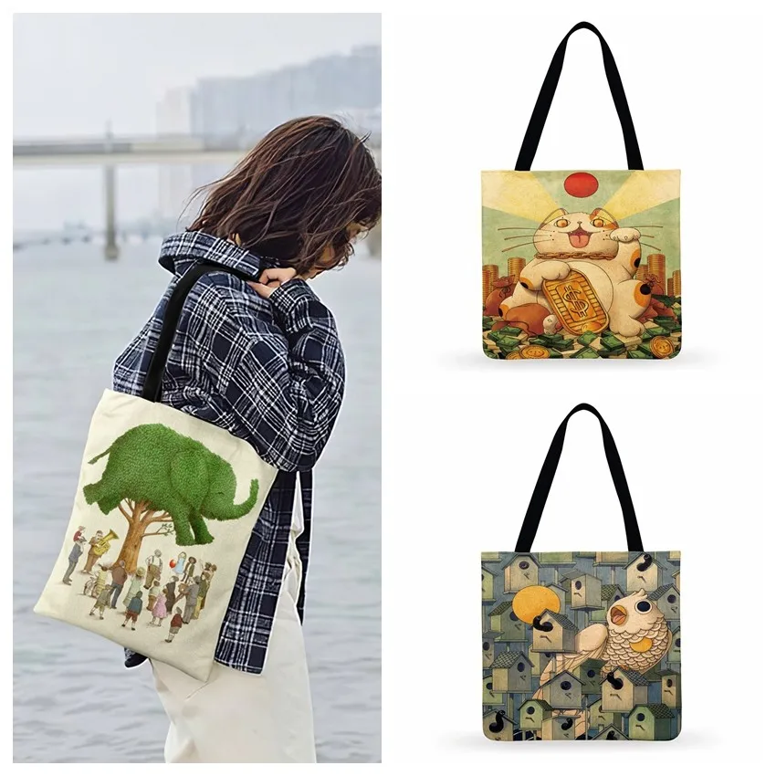 

Sea Of Moon Nordic Cartoon Painting Print Tote Bag For Women Casual Tote Ladies Shoulder Bag Outdoor Beach Bag Shopping Bag