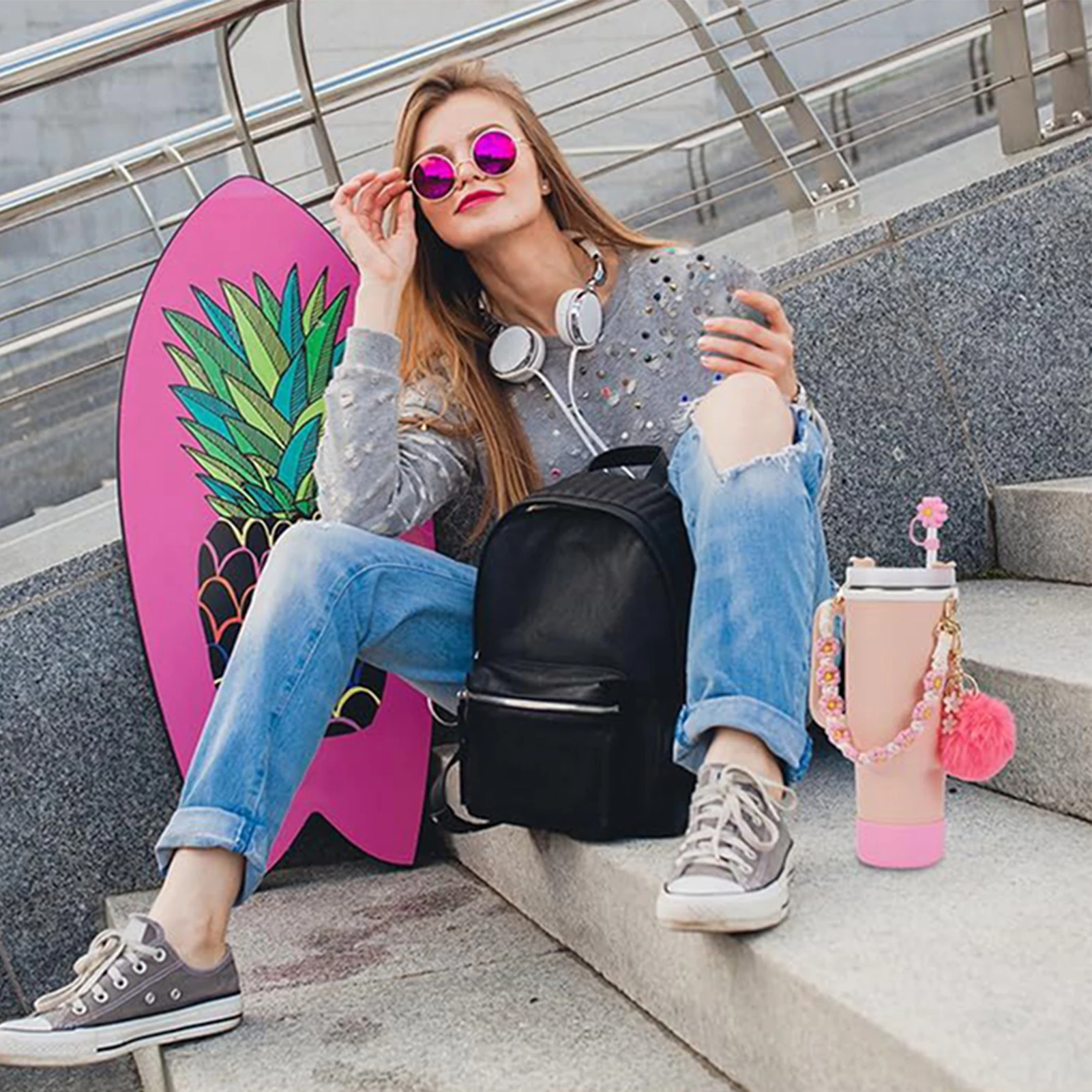Cup Accessories Set 7Pcs Accessory Set For Stanley Cup Pink Flower Water Bottle Handle Strap Straw Protect Cover Fashion Charms Pendant Decoration