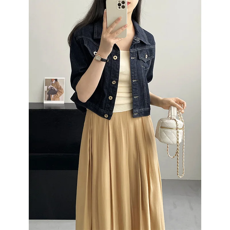 

Short Denim Jacket Women's Spring Summer Retro Wash Jeans Jackets Short Sleeve Denim Cardigan Lapels Casual Tops 2023 New In