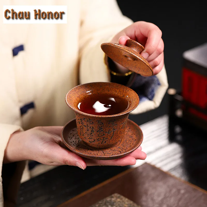 175ml Handmade Wood-fired Purple Clay Gaiwan Tea Tureen Bamboo Tea Bowl With Lid Kit Tea Making Cover Bowl Tea Services Gifts