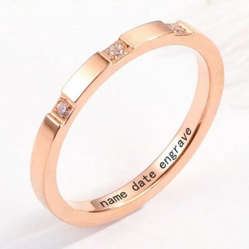 Customize Name Date Engrave Ring Simple Three Ctystal Rose Gold Zircon Fashion Jewelry For Women |