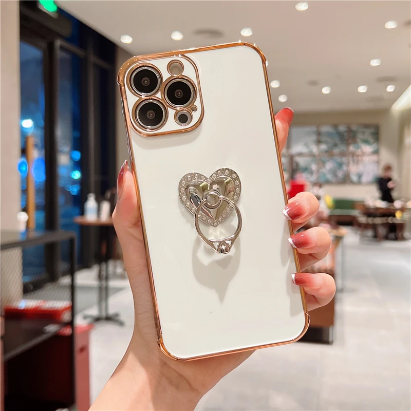 3D Love Heart Ring Holder Funda De Cuero Cuadrada Para IPhone 14