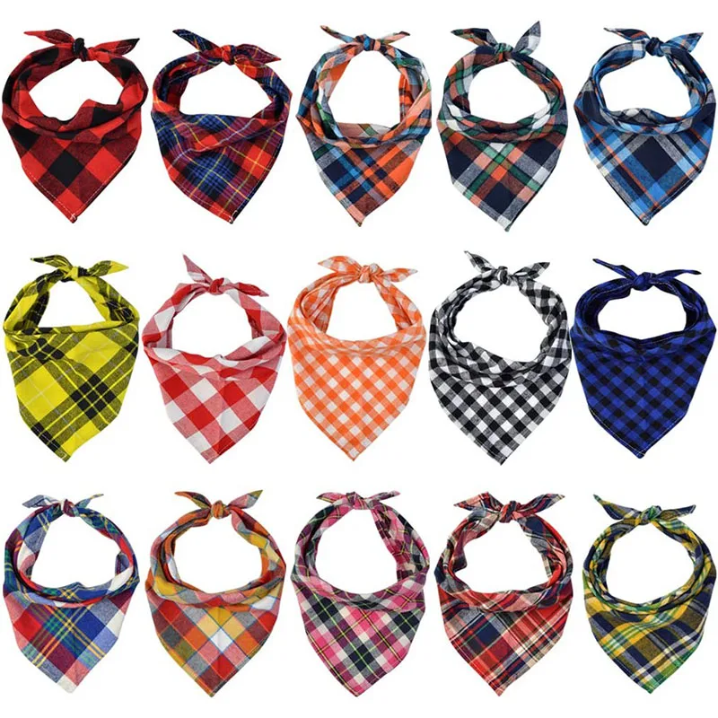 Pet Scarf Pet Bib Dog and Cat Bandanas Plaid Cotton Washable Puppy Triangular Bibs Handkerchief