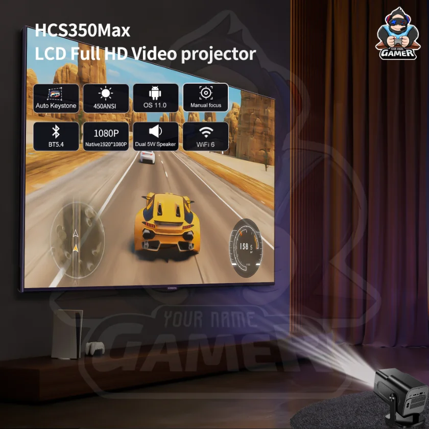 오리지널 HCS350 MAX 스마트 게이밍 LCD 프로젝터 WiFi6 BT5.4 안드로이드11 듀얼 무선 컨트롤러 4K HD 휴대용 홈시어터 1080P