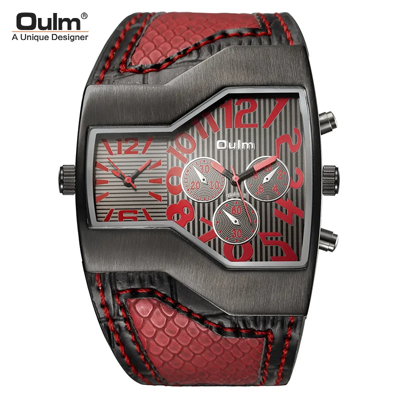 Oulm Classic Style Two Time Zone Men's Watches PU Leather Wristwatch Male Quartz Clock Casual Man Hours Relogio Masculino