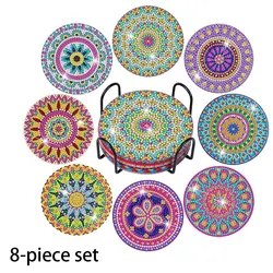Mandala Pattern DIY Diamond Painted Coaster Set with Complimentary Holder - 8 Pieces (MDL)