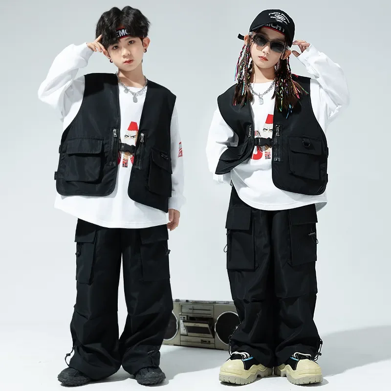 

Child Streetwear Kids Costumes Jazz Stage Clothes Black Hip Hop Clothing Girls Solid Vest Cagro Pants Boys Street Dance Joggers