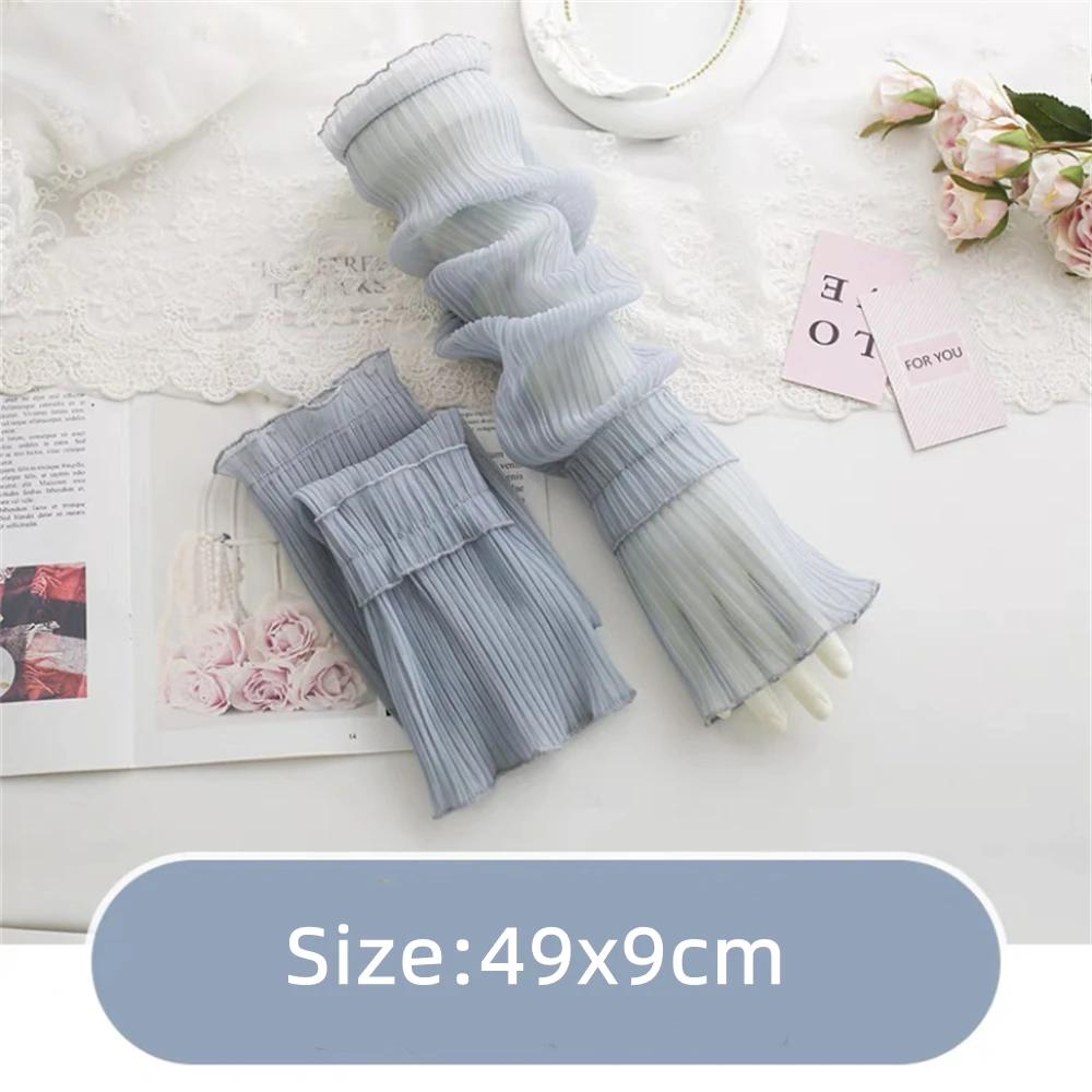 Women\'s Sun Protection Sleeve Cover Long Pleated Breathable Arm Warmer Lace Mesh UV Protection Cover Summer Ice Silk Sleeves