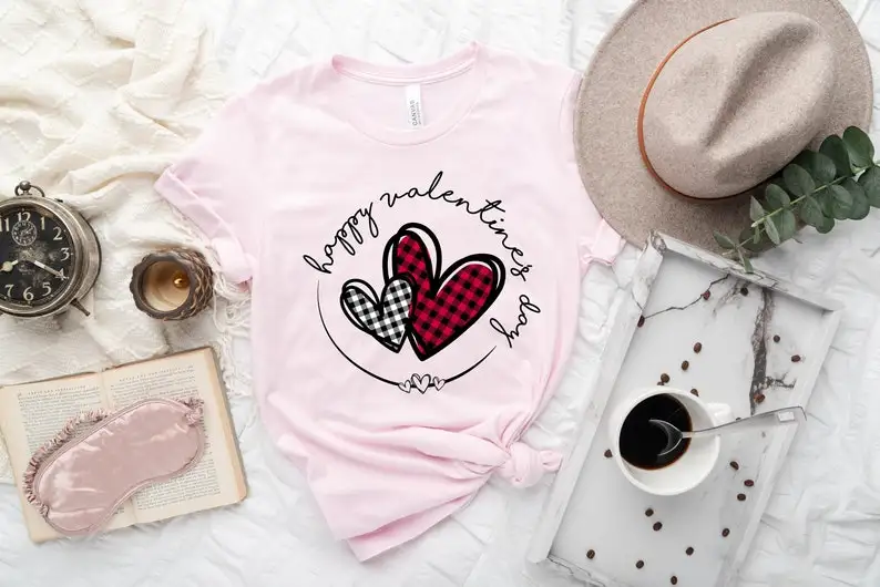

Plaid Heart Valentines Day Shirt For Woman Heart Cute Valentine Shirt,Valentines Day Gift Couple Short Sleeve Top Tees O Neck