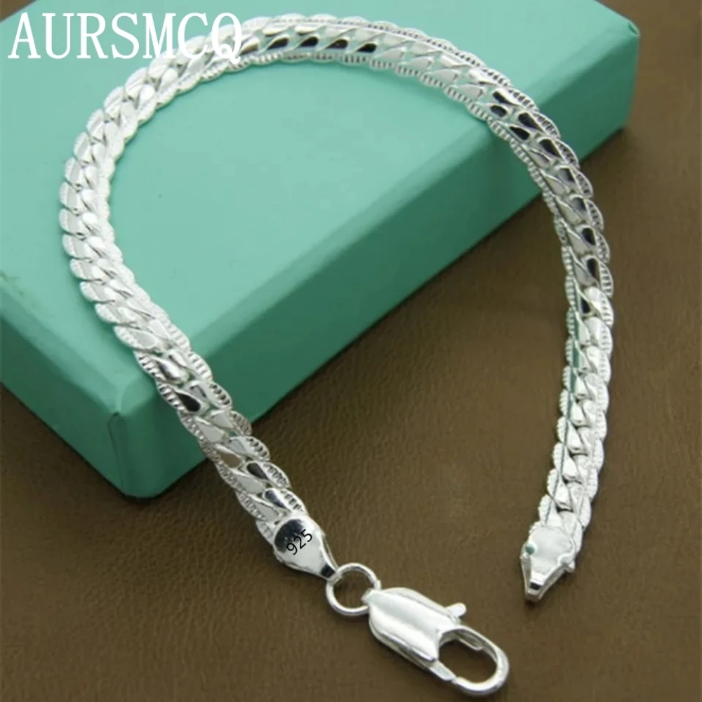 

AURSMCQ 925 Sterling silver Classic flat sideways chain Bracelets for women men's Fashion Party Wedding Jewelry Gifts pulseras