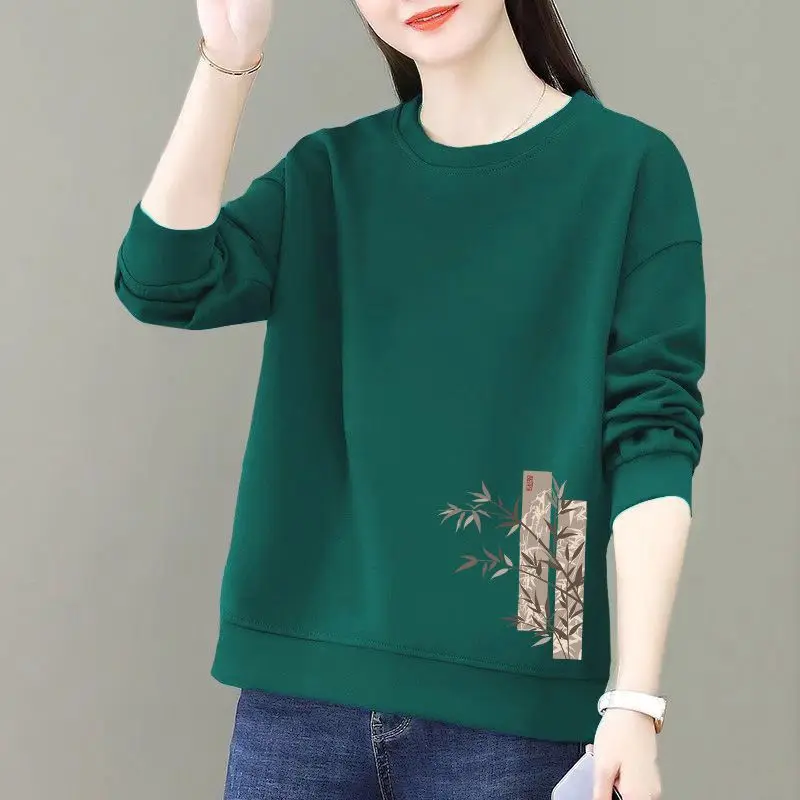 All-match Lantern Long Sleeve Round Neck Plant&Flowers Printing Pullover Women's Loose Fashionable Spring Autumn Hoodies Tops