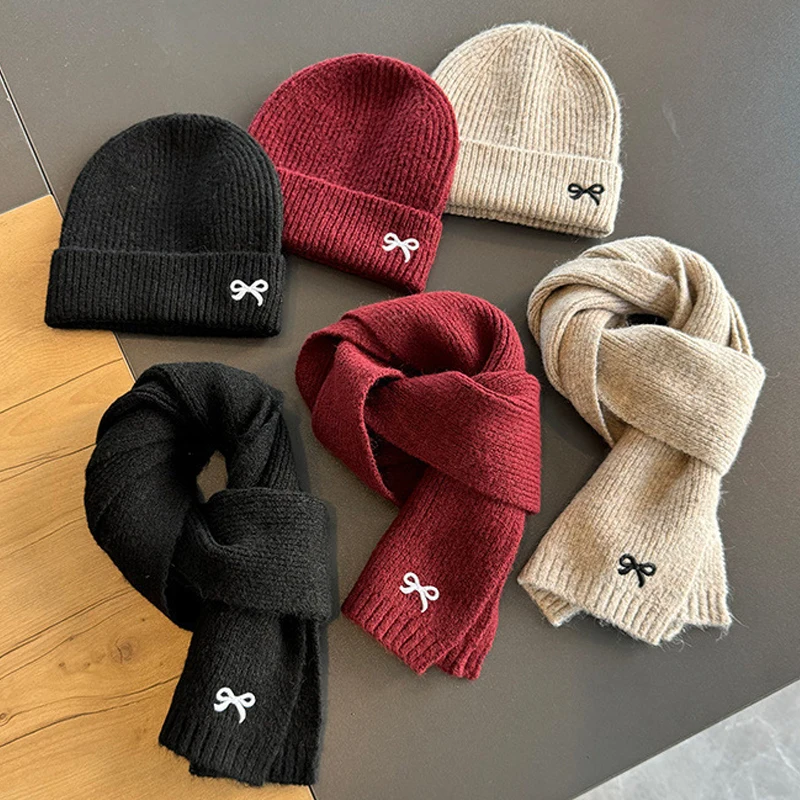 2PCS Korean Kids Knitted Hats Scarfs Suit Winter Children Beanie Soft Thicken Girls Boys Hat Cute Bow Embroidered Warm Cap