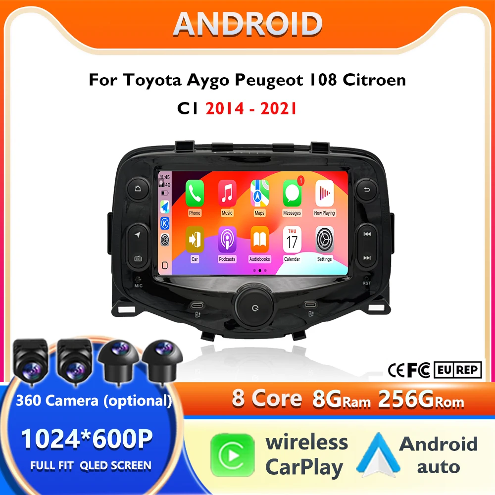 Android 16 Radio für Toyota Aygo Peugeot 108 Citroen C1 2014 - 2021 Autoradio Multimedia Player Carplay Android Auto GPS DSP DVD