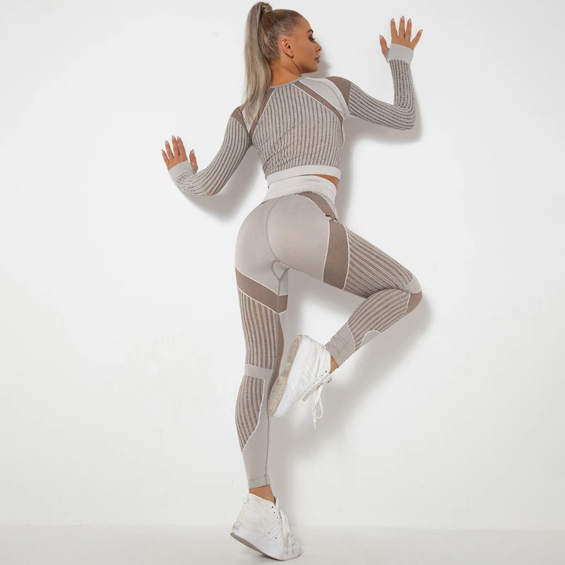 Seamless Woman Sexy Open Crotch Leggings Shirt Set Elastic Hollow Sport Pants Couple Outdoor Sex Long Panties Booty Lift Costume