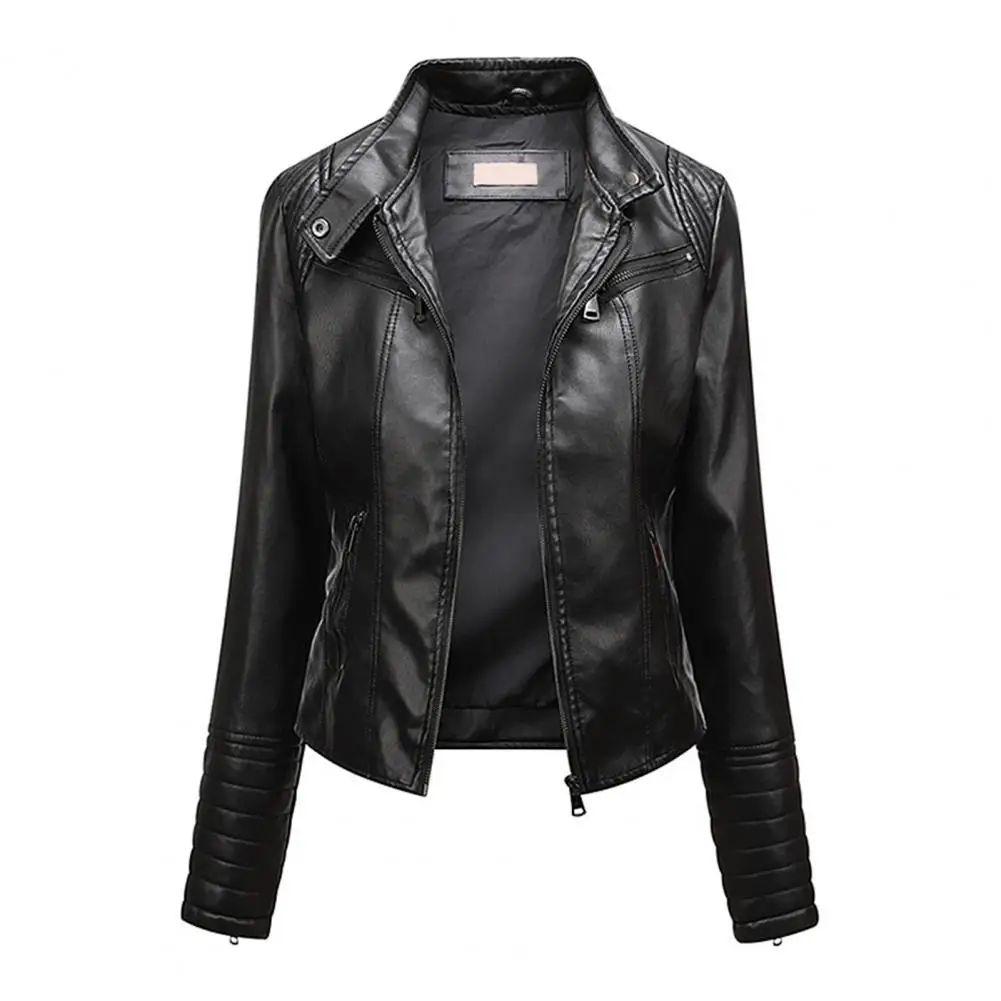 Women Slim Fit Faux Leather Jacket Stand Collar Long Sleeve Pockets Zipper Placket Biker Coat Thin Style Outwear