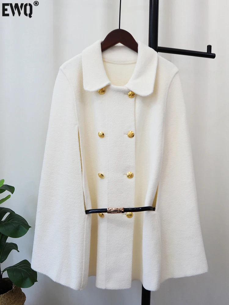 

[EWQ] White Women Double Breasted Cape Woolen Blends Elegant Cloak Outwear Coats Vintage Overcoat 2023 Autumn Winter New 16U4904