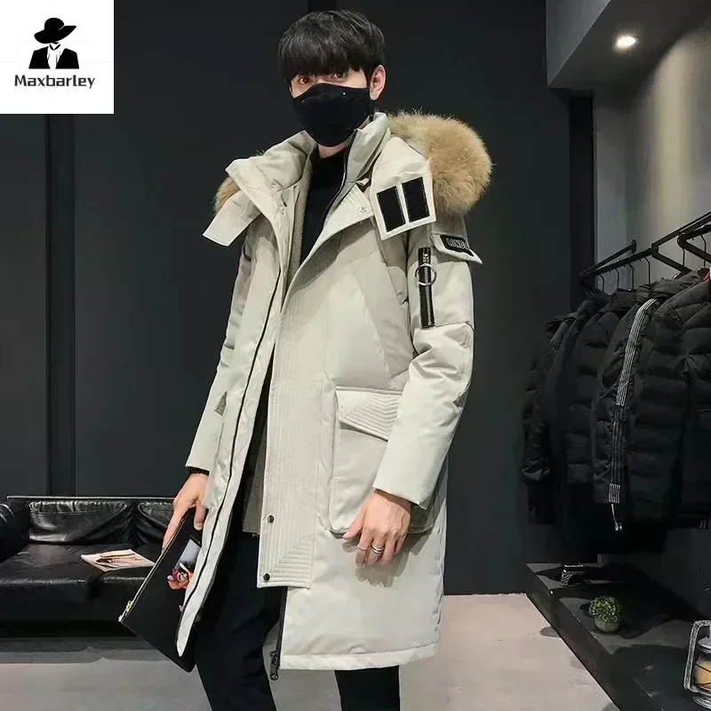 Winter Large Collar Men's Parka Down Jacket Men's Mid Length Thickened Warm White Duck Down And Women's Outerwear