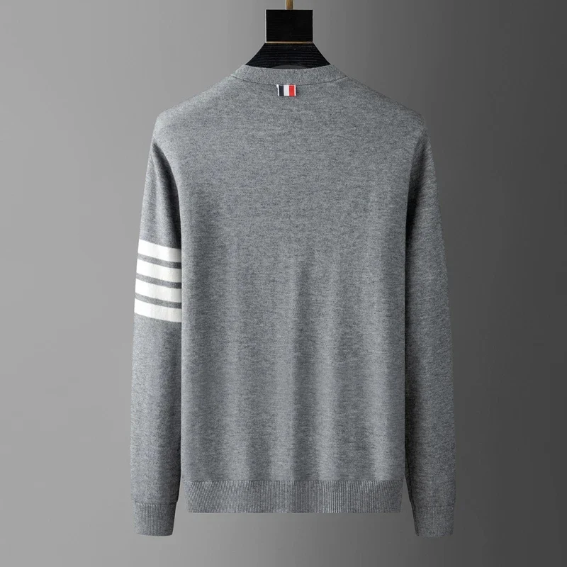High end brand knitted cardigan men's spring and autumn new classic stripe trend Korean casual side slit V-neck sweater coat