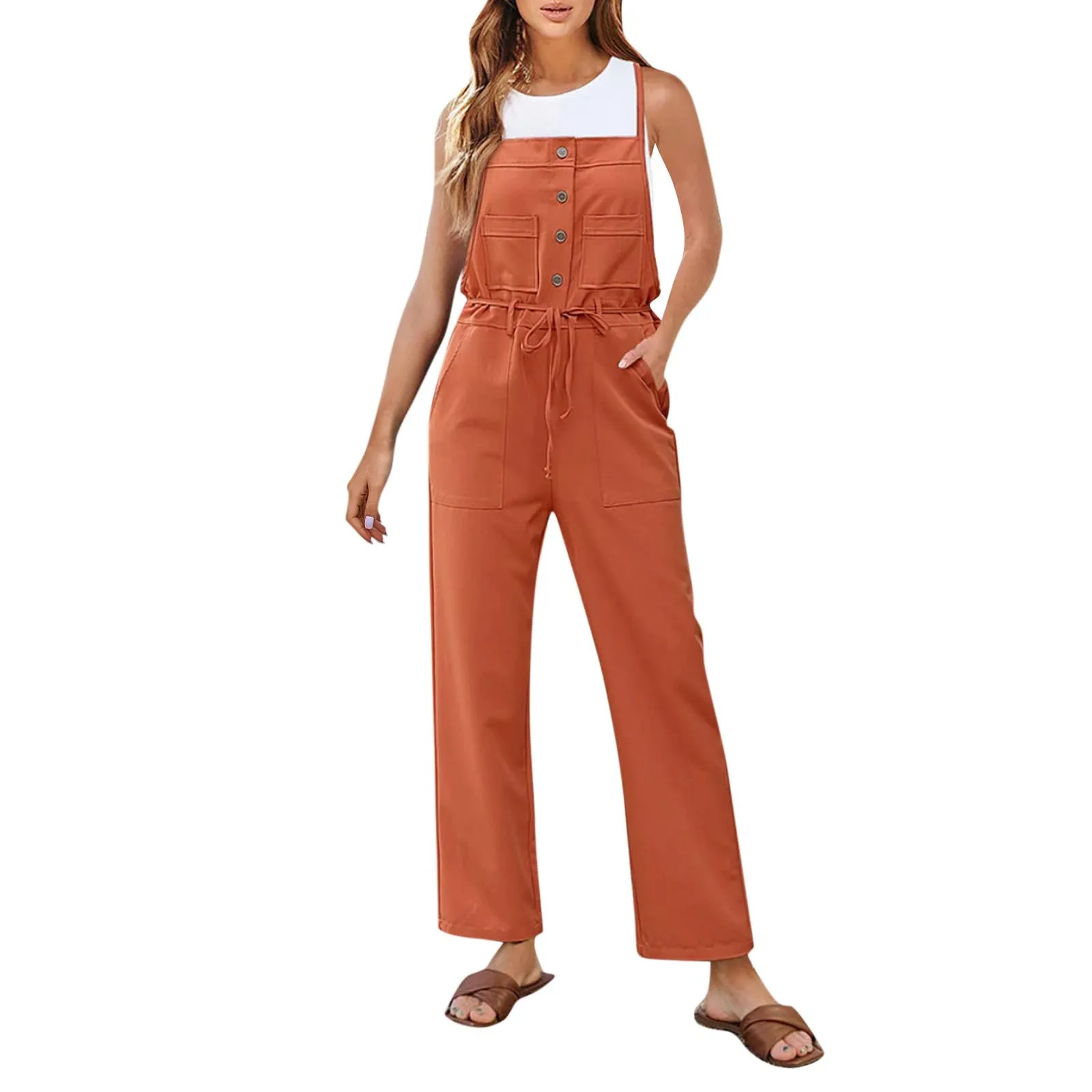 

Womens Sling Jumpsuits With Pockets Simple Solid Color Sleeveless Button Jumpsuits Daily Casual Cargo Style Straight Rompers