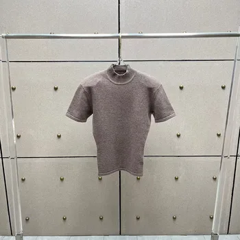 Women's Wool Sweater, Padded Shoulder Knit Top, Half-High Neck Short-Sleeve T-Shirt, Premium Pullover, Fall, New Arrival, 2025