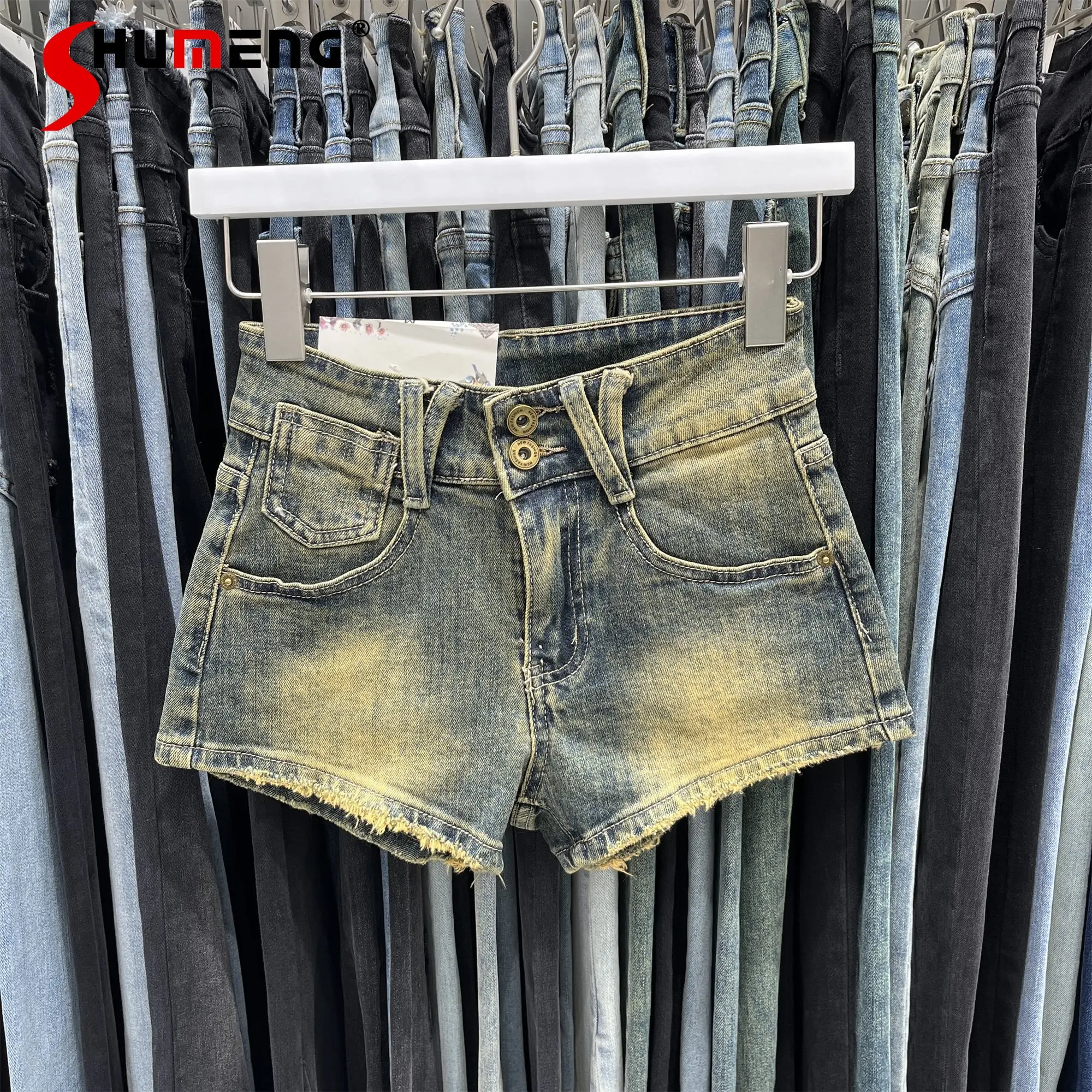 

American-Style Retro Denim Shorts for Women 2023 Summer New High Waist Short Jeans Slimming Longer Leg A- Line Hot Pants Fashion