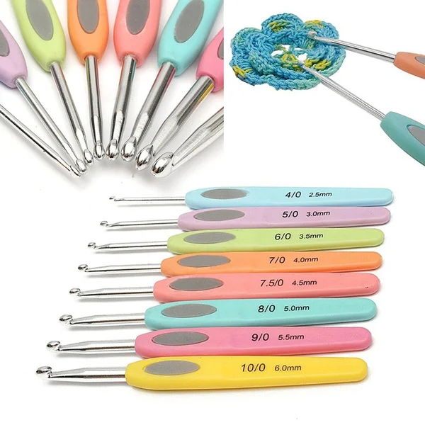 

Fashion Colorful Soft Handle Aluminum Crochet Hooks Knitting Needles Set 2.5mm-6mm 8pcs