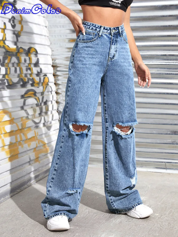 DenimColab 2023 New Hole Washed Wide Leg Pants Jeans For Women