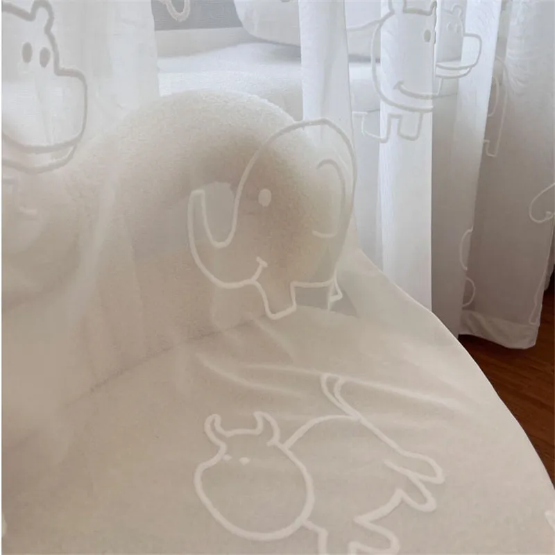 

Korean White Cartoon Animal Embossed Embroidery Flocking Tulle Curtains For Childrens Room Elephant Hippo Sheer Curtain Custom