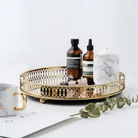 Round Metal Desktop Tray Golden w/ Mirror Glass Base Desktop Decor Perfume Jewelry Storage Party Cakes Fruit Serving Tray 2