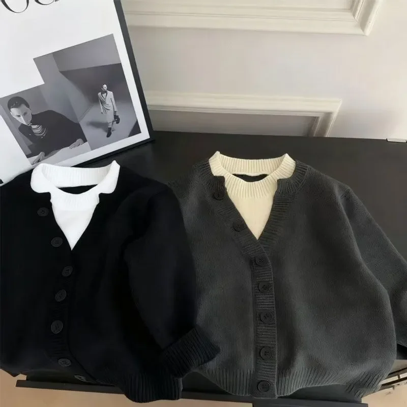 가을용 남아용 페이크 투피스 니트 탑스 어린이 한국 스타일 스플라이싱 핫 스타일 패션 스웨터