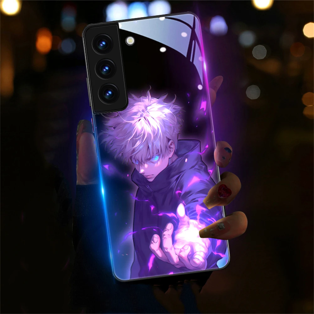

New Anime Jujutsu Role Smart LED Light Glow Tempered Glass Phone Case For Samsung S24 S23 S22 S21 S20 FE Note 10 20 Plus Ultra