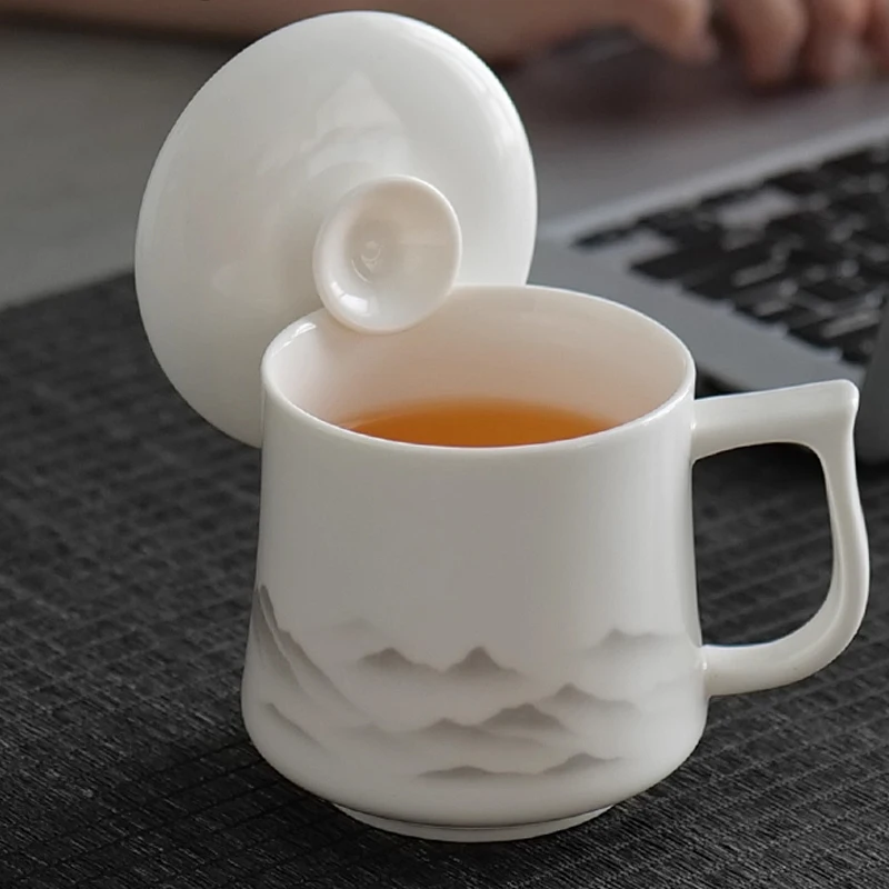 Chinese Style Pattern Ceramic White Porcelain Personal Tea Mugs, Personal Creative With Cover, Milk Water Coffee Cup, 350ml, 1Pc