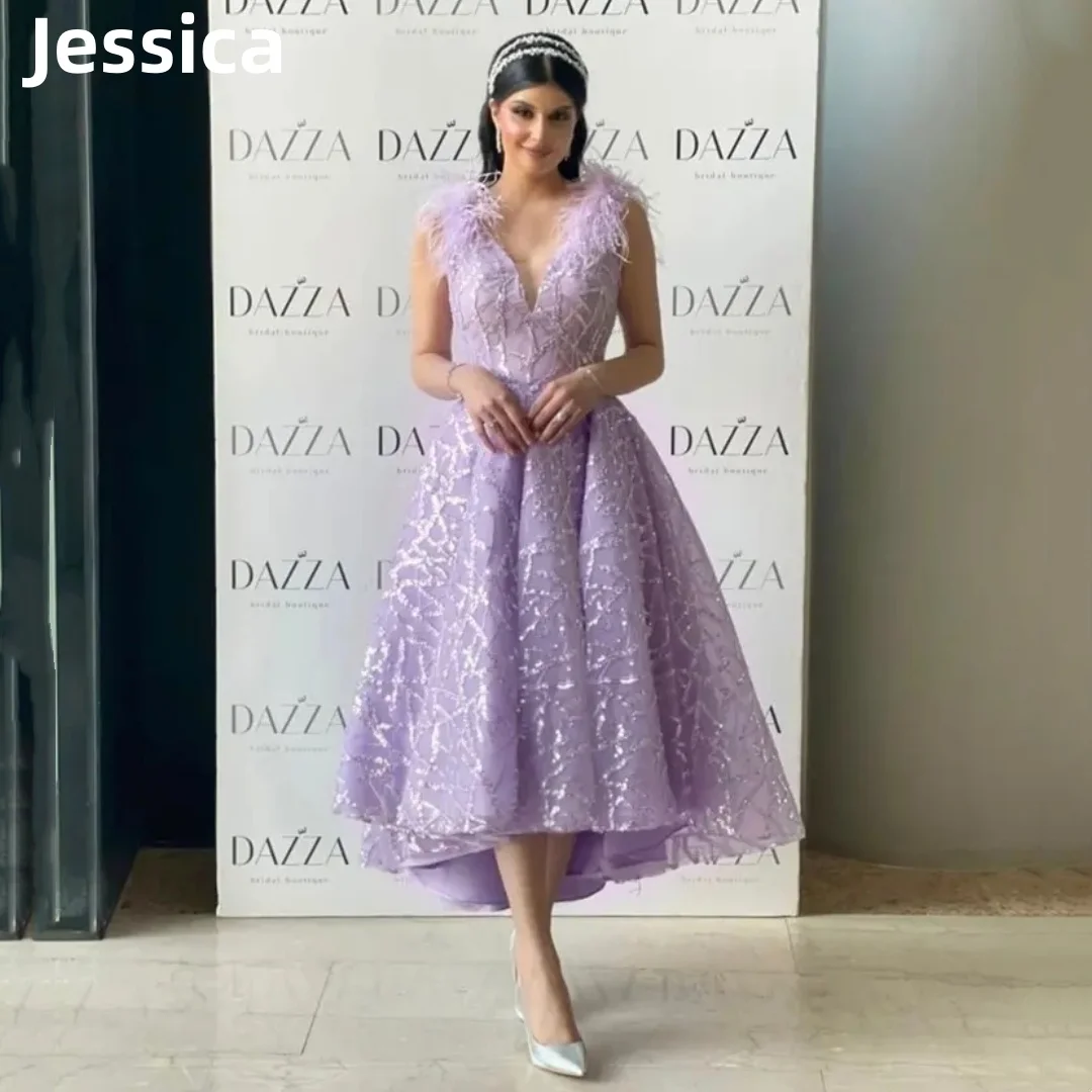 

Jessica Shiny Feathers Prom Dresses Dubai Arab Luxurious Evening Dress فساتين سهره فاخره Sexy V Neck Women's Dinner Party Dress