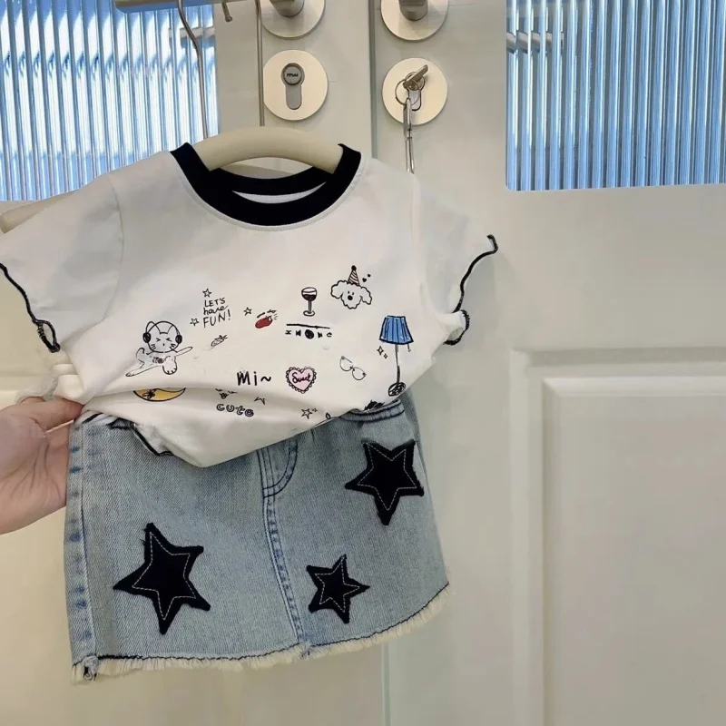 

Girls' Clothing Western Style Fashion Suit Summer New Children's White Pure Cotton Short-Sleeved Blue Denim Two-Piece Overskirt