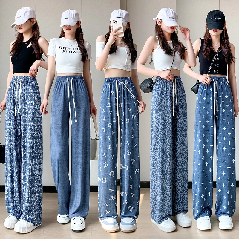

Ice Silk Letter Printed Wide Leg Pants Women Summer Thin High Waist Straight Trouser Female Casual Baggy Sunscreen Streetwear