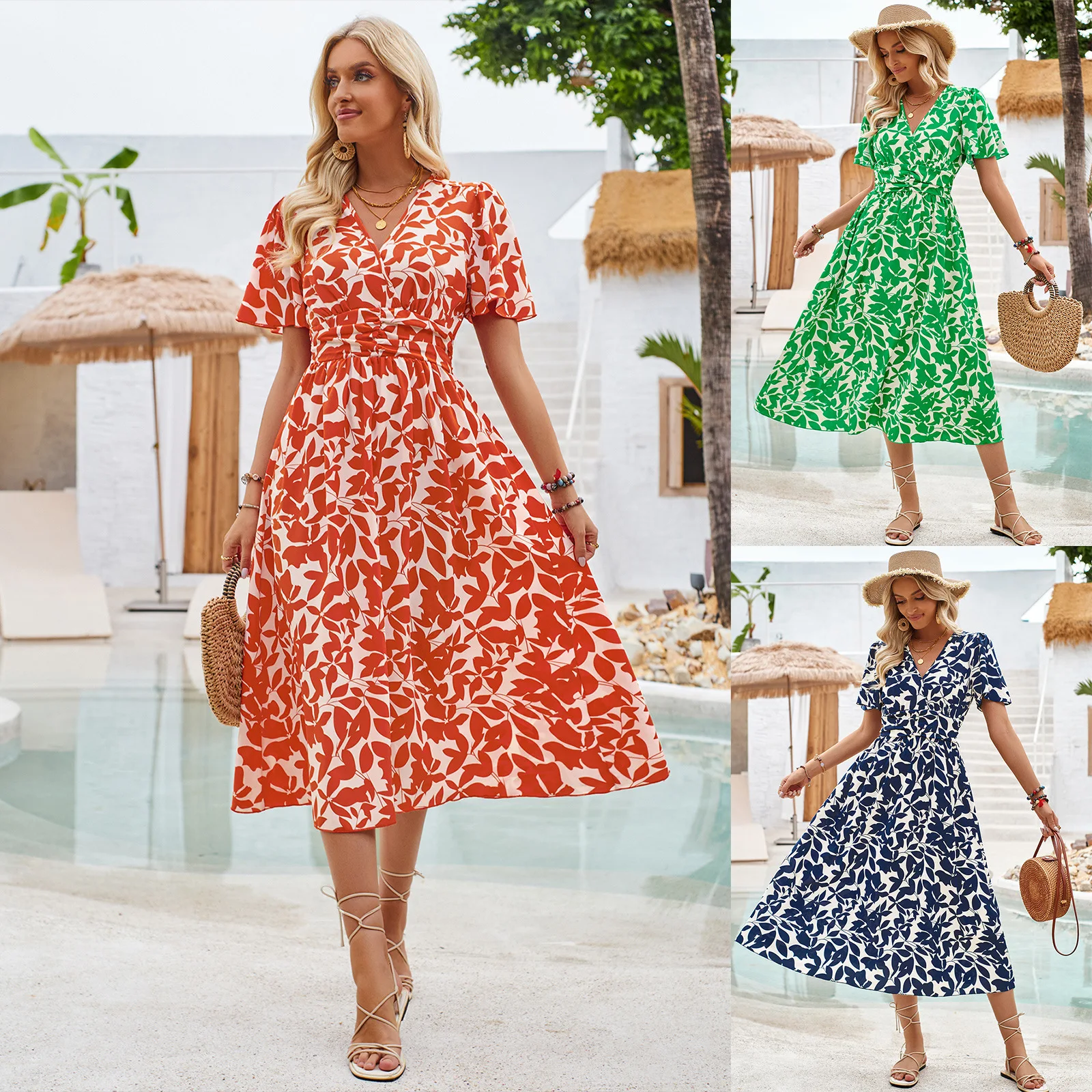 

Summer hot selling print casual women's new V-neck short sleeved waistband floral print dress
