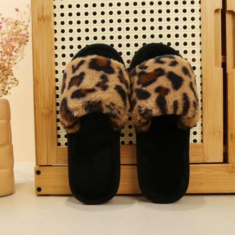 Four Seasons New Women's Home Slippers Slides Sandals Shoes Leopard  Fur Warm Plush Comfortable Lightweight Flat