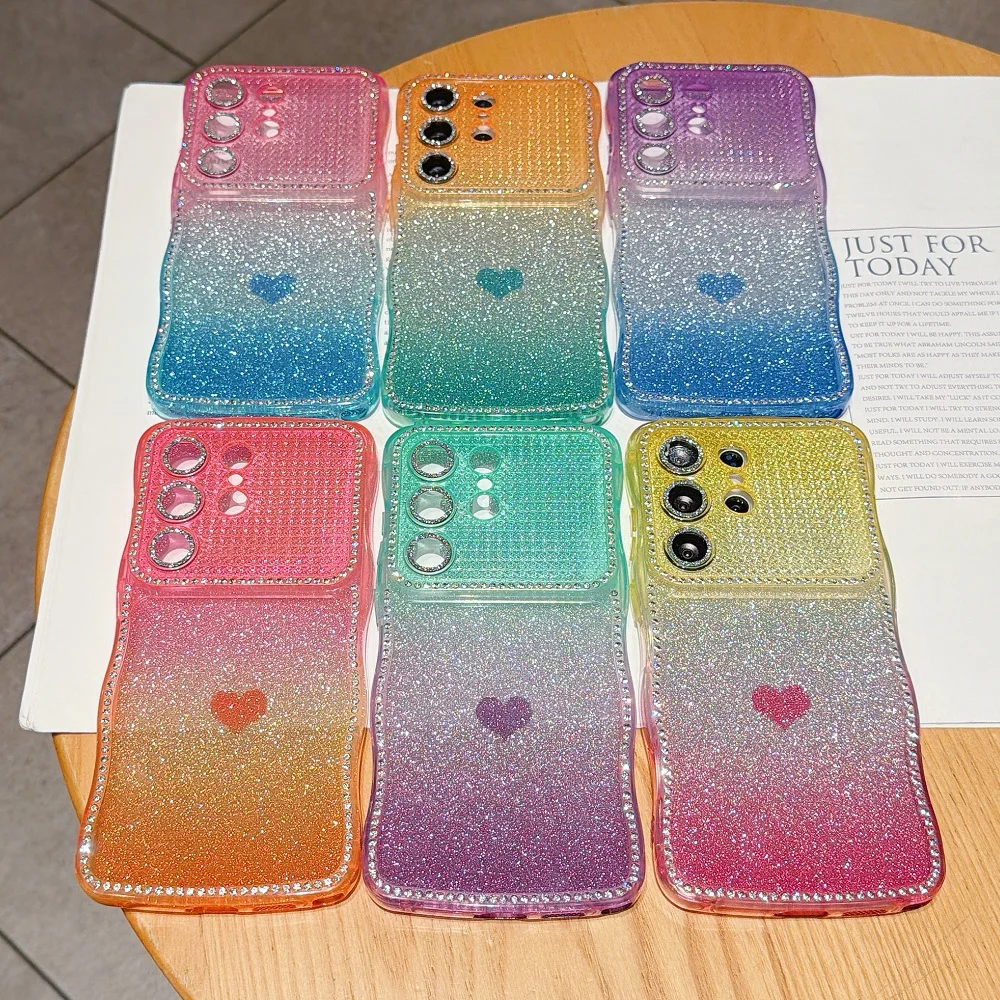 Super Glitter Diamonds Love Heart Phone Case with Wave Gradient and Camera Protection