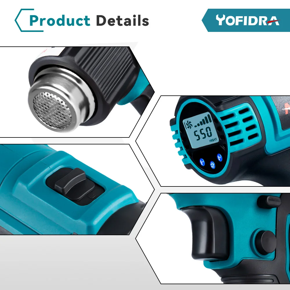 Yofidra 2500W elektryczny, gorący wiatrówka 6 biegów wyświetlacz temperatury regulowana dioda narzędzia gospodarstwa domowego bezprzewodowy do akumulatora makita 18V