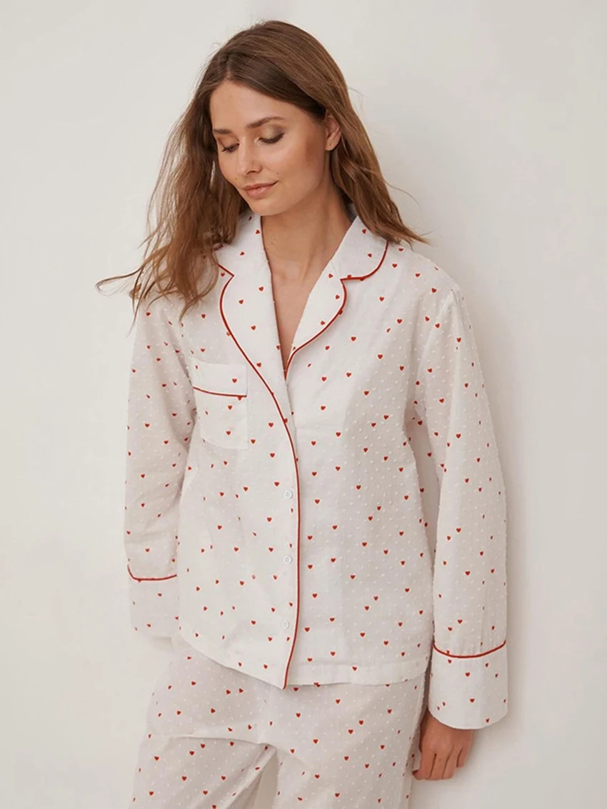 Marthaqiqi Printing Female Pajama Suit Sexy Turn-Down Collar Sleepwear Long Sleeve Pyjamas Pants Cotton Casual Women Nightie Set