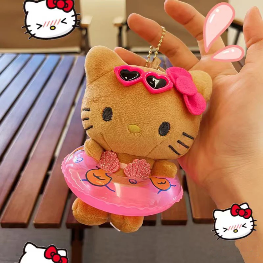 Anime Saniro Hello Kitty Swimming Ring Plush Doll Keychain Pendant Cartoon Kt Cat Kawaii Beach Style Backpack Decoration Gifts