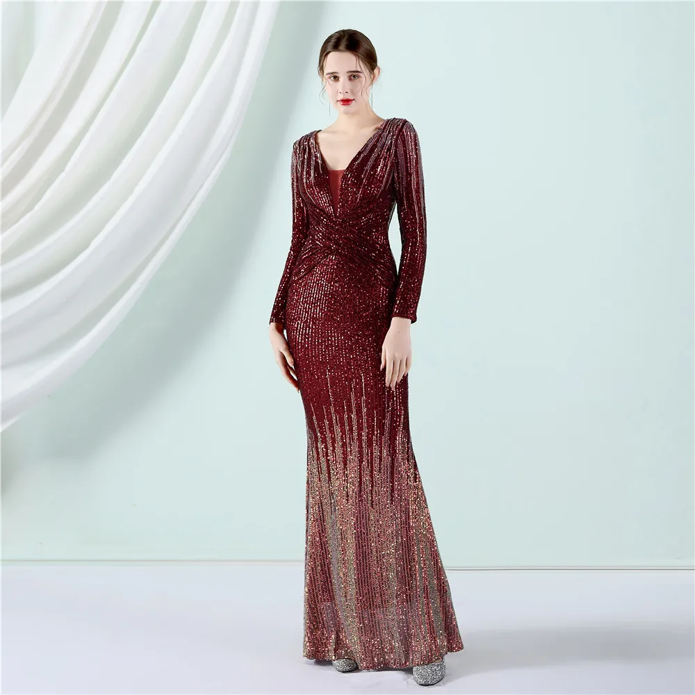 Sequined Long Sleeve V Mermaid Evening Dresses Formal Prom Pageant Wedding Party Robe Re Soirée Femme Robe De Soirée Se Mariage evening wear for women