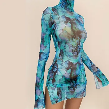 Ladies Mesh Printed Y2k Vintage Dress High Street Slim Elastic Bodycon Party Dress Round Neck Bell Sleeve Side Open Hip Dresses 1